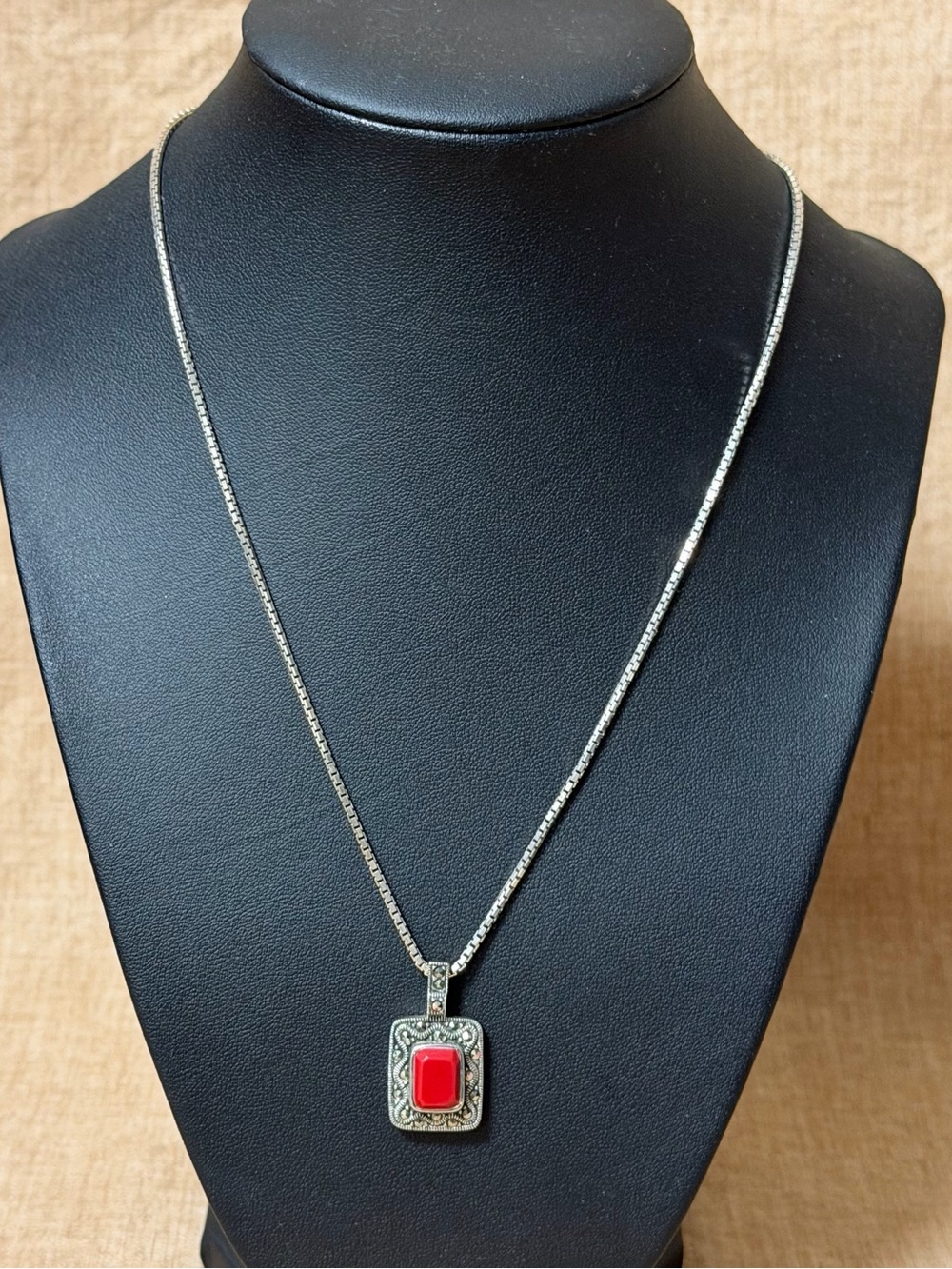 Red Coral and Marcasite  956 Sterling Silver Necklace